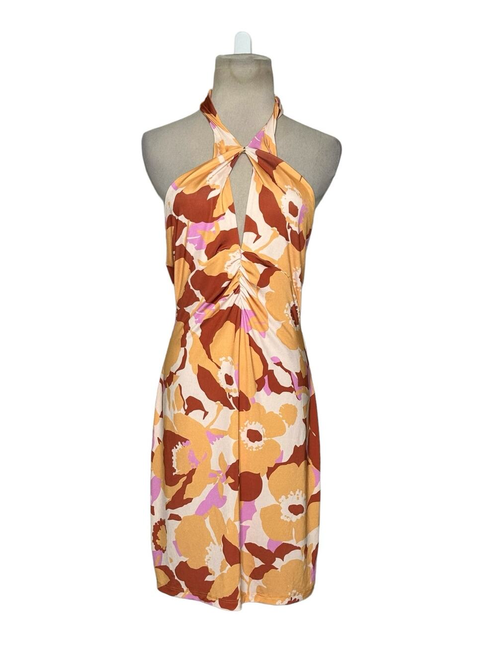 Neon & Nylon yellow brown print halter mini dress size Large